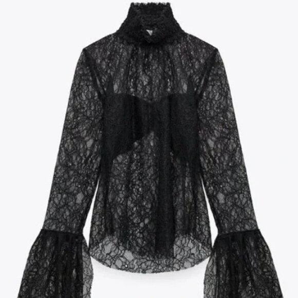 ZARA NWOT Black Lace Bohemian Sheer Flare Long Sleeve High Neck Top Size Medium - Picture 4 of 14